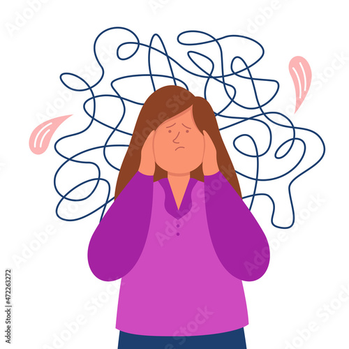 Nervous woman thinking about trauma or having headache. Sick girl with anxiety or neurosis, mental breakdown, panic, chaos, despair flat vector illustration. Mental health, stress, depression concept