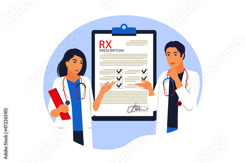 Rx medical prescription. Doctors writes medical prescription. Vector illustration. Flat.