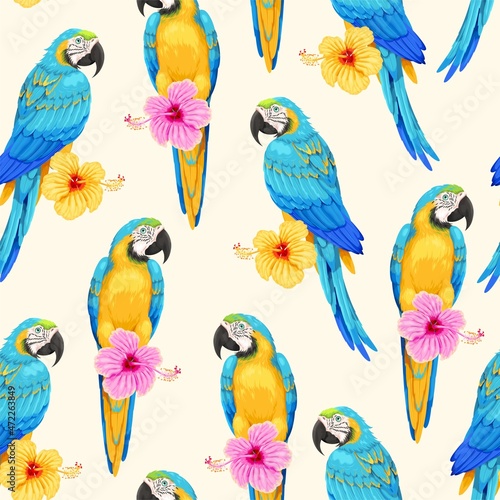 Vector seamless pattern with macaw and flowers