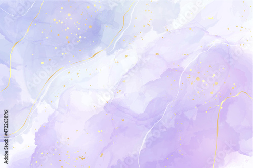 Violet cyan blue liquid watercolor background with golden stains. Teal mauve purple marble alcohol ink drawing effect. Vector illustration design template for wedding invitation, menu, rsvp