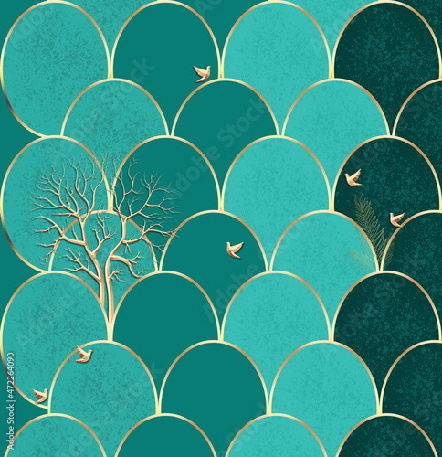 Canvas Print wallpaper tree and birds green and gold background
