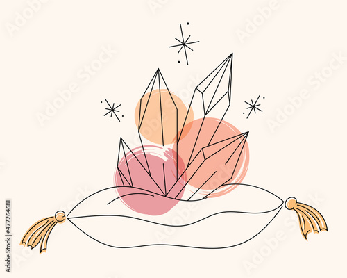 Vector bright lineart sketch coral orange pink quartz crystals on a pillow. Pixiecore and fairycore