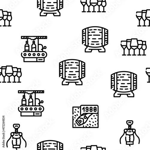 Vineyard Production Alcohol Drink Vector Seamless Pattern Thin Line Illustration