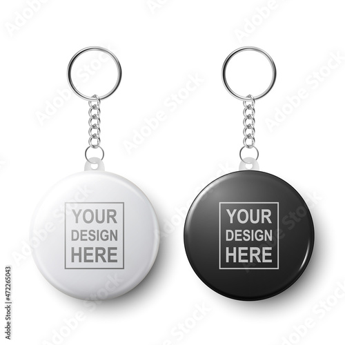 Vector 3d Realistic Blank White and Black Round Keychain with Ring and Chain for Key Isolated on White. Button Badge with Ring. Plastic, Metal ID Badge with Chains Key Holder, Design Template, Mockup