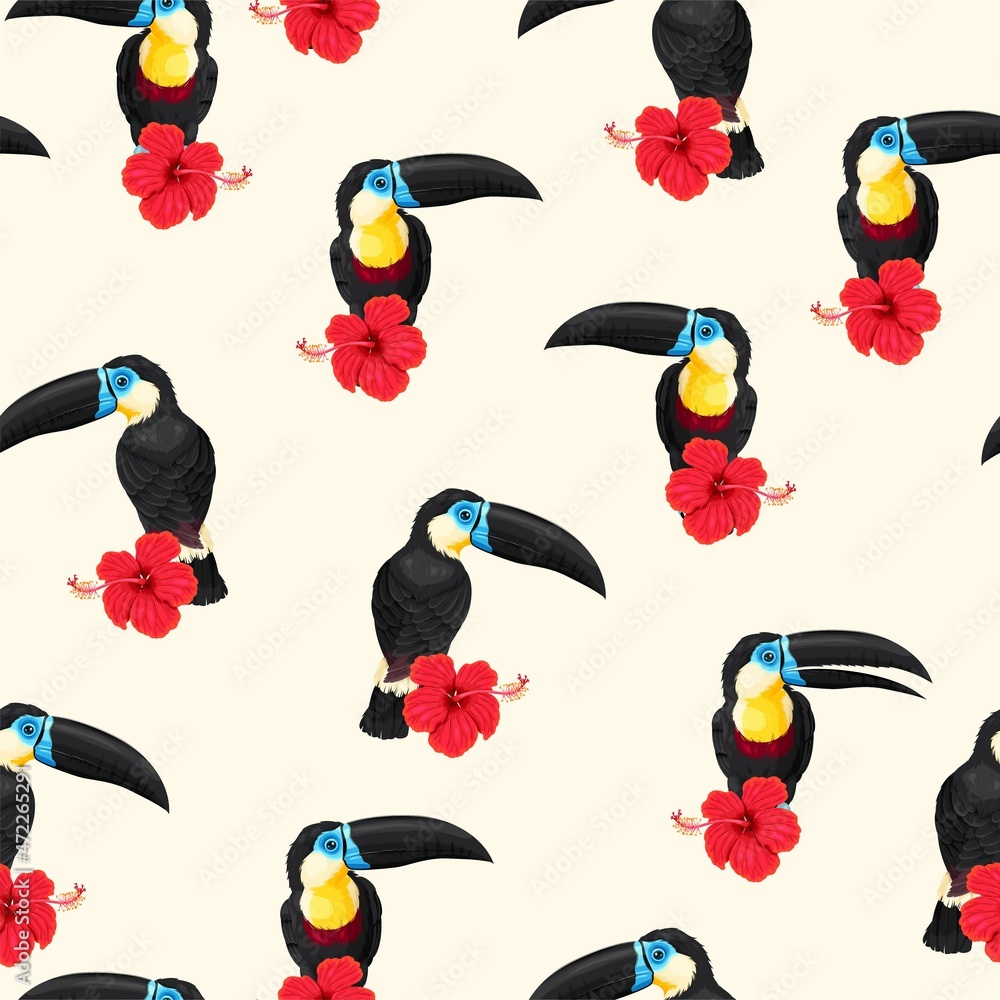Fototapeta premium Vector seamless pattern with high detailed toucans