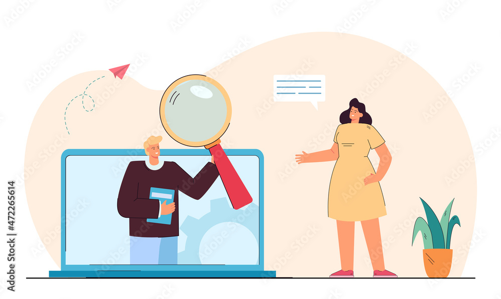 Tiny woman standing near laptop with man holding book and magnifying glass on screen. Girl looking for answer online flat vector illustration. FAQ concept for banner, website design, landing web page Tiny woman standing near laptop with man holding book and magnifying glass on screen. Girl looking for answer online flat vector illustration. FAQ concept for banner, website design, landing web page