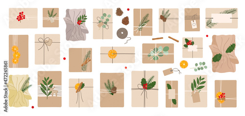 Set of zero waste, eco-friendly packaging gifts. Wrapping present boxes with kraft paper, furoshiki, pine branches, jute, dry orange. Christmas gifts. Hand drawn vector illustration
