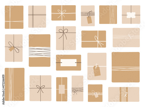 Set of zero waste, eco-friendly packaging gifts. Wrapping present boxes with kraft paper and twine ribbon. Eco decor in pastel colors. Hand drawn vector illustration