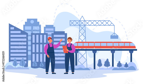 Construction workers discussing railway maintenance. Builders designing buildings flat vector illustration. Civil engineering, construction management, infrastructure industry concept for banner