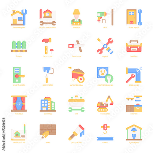 Renovation icon pack for your website design, logo, app, UI. Renovation icon flat design. Vector graphics illustration and editable stroke.