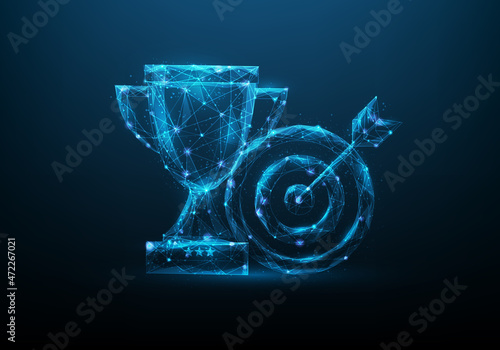 business trophy low poly wireframe. reward winner cup consisting of points, lines, and triangle. isolated on blue dark background. Business goal to success. forgot target and bullseye.