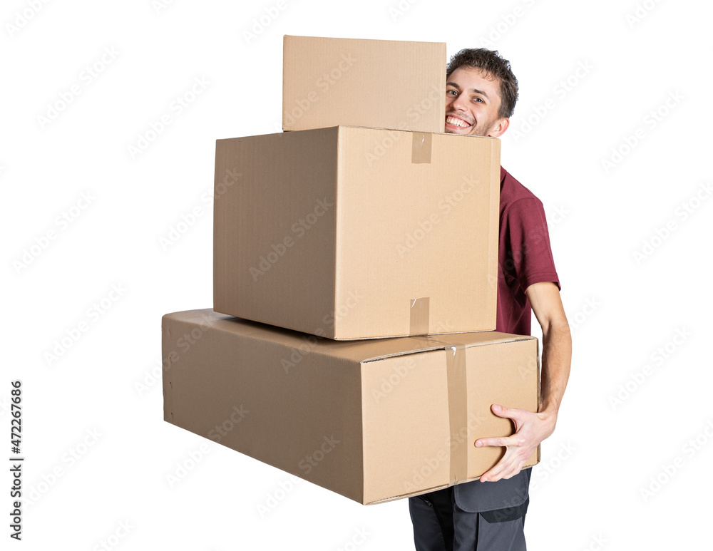 Delivery man with parcels . Handsome happy young delivery man holding cardboard boxes and smiling at camera isolated on white Delivery man with parcels . Handsome happy young delivery man holding cardboard boxes and smiling at camera isolated on white
