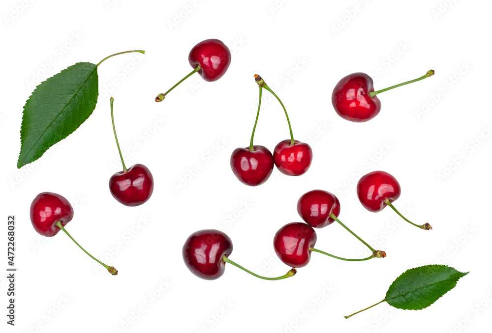 Sweet cherry fruits isolated on a white background. Top view. Sweet cherry fruits isolated on a white background. Top view.