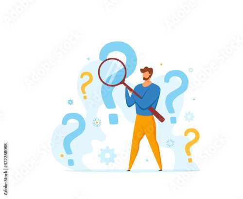 FAQ concept of men looking through magnifying glass