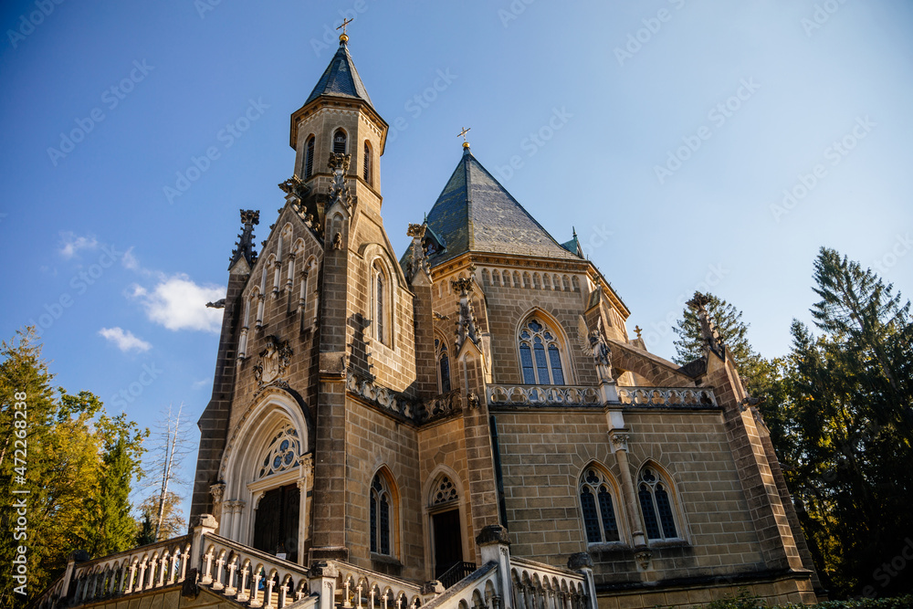 Trebon, South Bohemia, Czech Republic, 9 October 2021: Schwarzenberg family tomb at gothic style in Domanin at castle park near Renaissance chateau at sunny day, Historical landmark tourist attraction