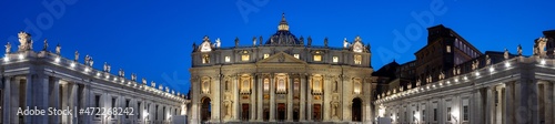 Panorama in Piazza San Pietro, or Saint Peters Square, during the blue hour with a view of the basilica in Vatican City. © Jason Yoder