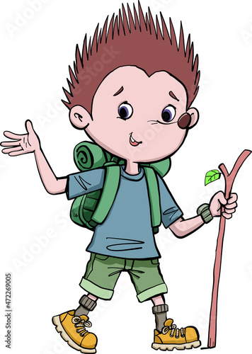 young hedgehog scout on a walk in nature
