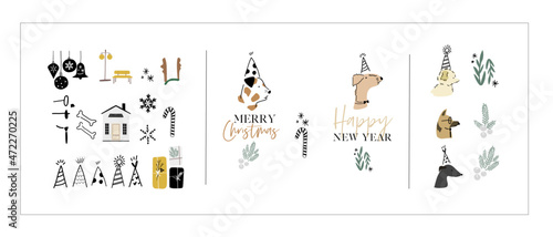 Holiday Logo template set. Vector graphic design, hand drawing illustration bundle of Fall, Winter, Christmas, New Year Holiday theme. Minimal style icon for seasonal promotion and party invitation 