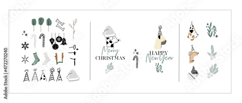 Holiday Logo template set. Vector graphic design, hand drawing illustration bundle of Fall, Winter, Christmas, New Year Holiday theme. Minimal style icon for seasonal promotion and party invitation 