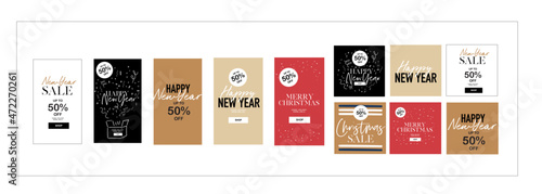 Holiday Sale banner, Social Media post story design set in minimal style. Holiday savings and celebrations. | New Year Sale up to 50% off | Merry Christmas | vector illustration web digital logo 