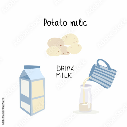 Potato tubers, milk carton, potato milk in a bottle. The concept of healthy eating.