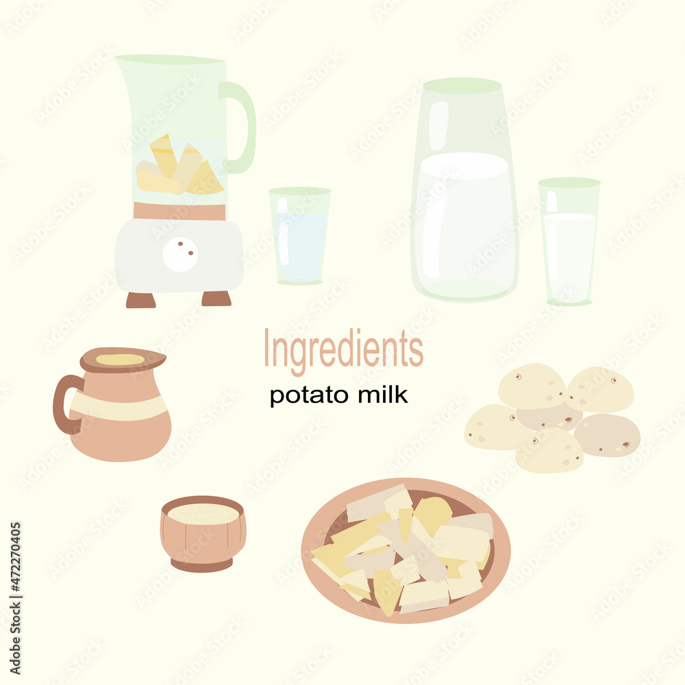 Ingredients for making potato milk. Vector illustration