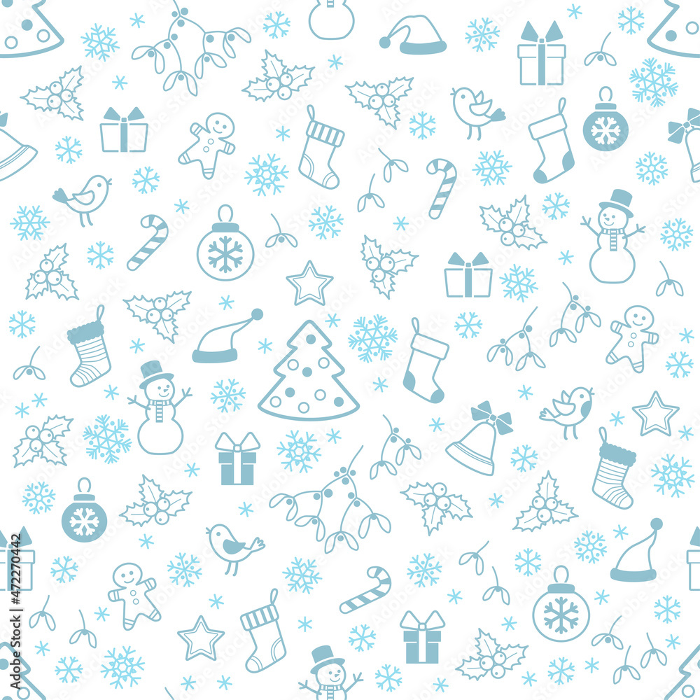 Seamless pattern with Christmas elements blue outline Seamless pattern with Christmas elements blue outline