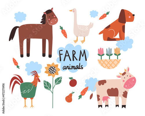 Collection of different farm animals in cartoon style. Horse  goose  dog  rooster  cow. Vector illustration.