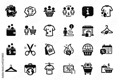 Vector Set of Fashion icons related to Slow fashion, Sale tag and Wash t-shirt icons. Online shopping, Buyer and Clean t-shirt signs. Cloakroom, Hot offer and Sale bags. Discount coupon. Vector