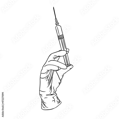 Vector drawn sketch doctor's hand with a syringe, doodle style in black lines
