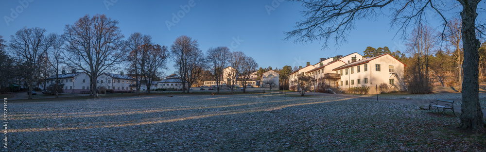 Panorama view of apartment buildings and offices in the district Blackeberg in Bromma a sunny autumn day in Stockholm