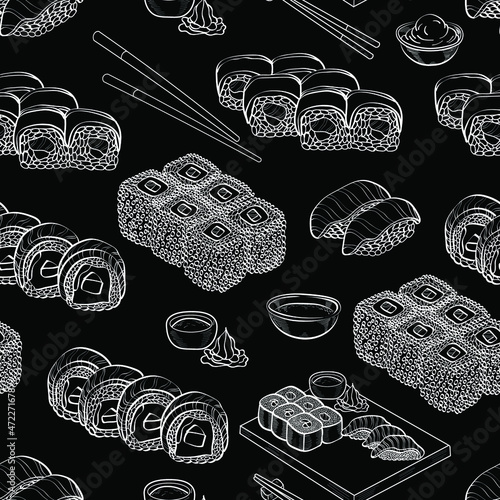 Set of sushi rolls,asian, japan seafood vector seamless pattern isolated on bright background. Concept for print, menu, cards 