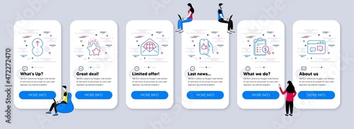 Technology icons set. UI phone app screens with teamwork. Included icon as Like app, Swipe up, Accounting report signs. Web mail, Ranking stars, Browser window line icons. Vector