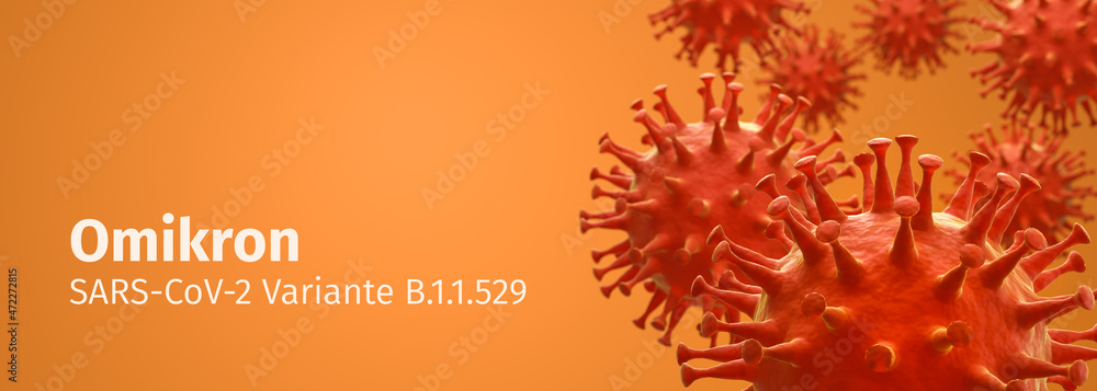Corona virus - Schematic image of viruses of the Corona family in orange  color. German overlay text "Omikron - SARS-CoV-2 Variante B.1.1.529".  Selective focus - web banner format with copy space Stock