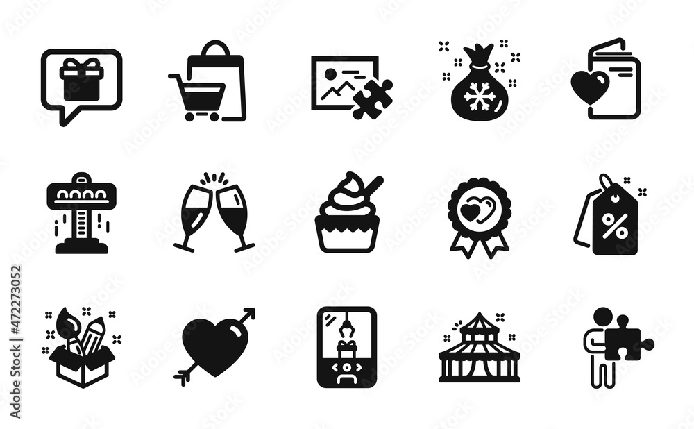 Vector set of Santa sack, Attraction and Love award icons simple set. Love, Ice cream and Puzzle image icons. Puzzle, Crane claw machine and Discount tags signs. Santa sack simple web symbol. Vector