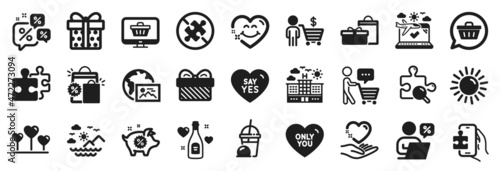 Set of Holidays icons, such as Sea mountains, Gift, Web photo icons. Discounts chat, No puzzle, Love champagne signs. Buyer think, Sun, Ice cream milkshake. Airplane travel, Gift box. Vector