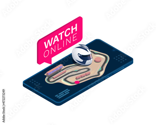 A race track, a racing helmet are on a smartphone. The Isometric vector illustration is isolated on a white background.