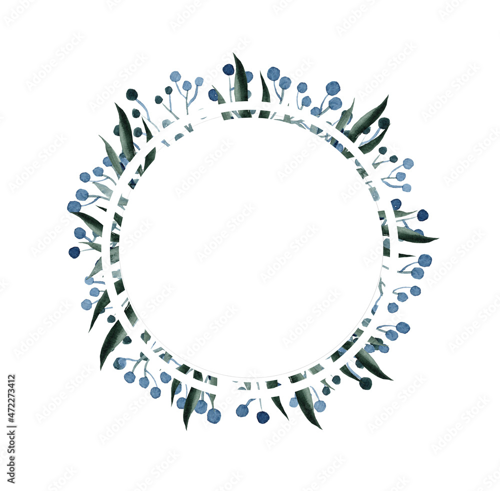 Watercolor round frame with blue and blue leaves. Winter plants. Design. Free space for text Watercolor round frame with blue and blue leaves. Winter plants. Design. Free space for text