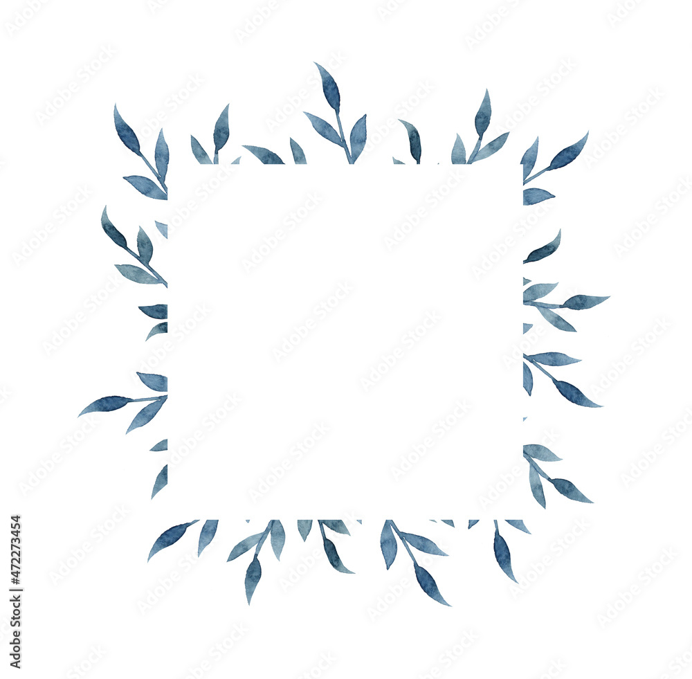 Watercolor square frame with blue and blue leaves. Winter plants. Design. Free space for text