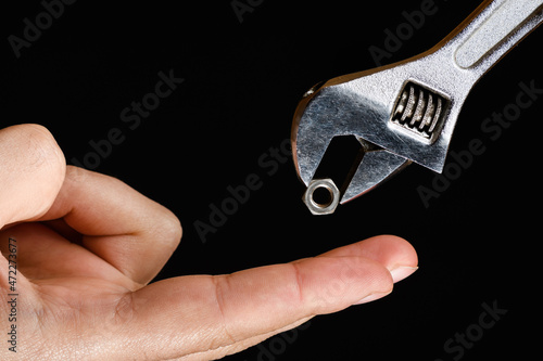 Foto Carob wrench as it seeks to touch the finger close-up black background isolate