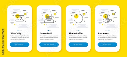 Vector set of Loop, Valentine and Typewriter line icons set. UI phone app screens with line icons. Loyalty program icon. Refresh, Love letter, Writer machine. Gift. Phone UI banners. Vector