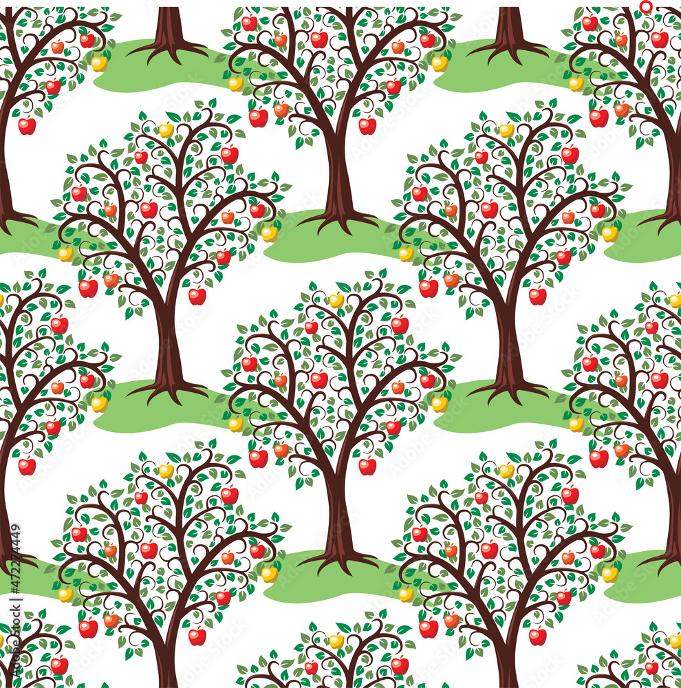 vector seamless repeating pattern with apple trees with fruits