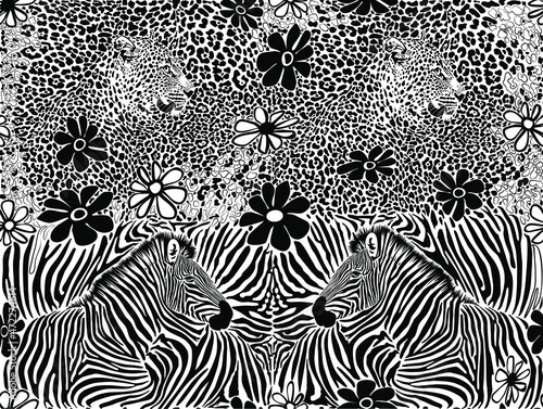 Camouflage and leopard and zebra heads with cartoon flowers