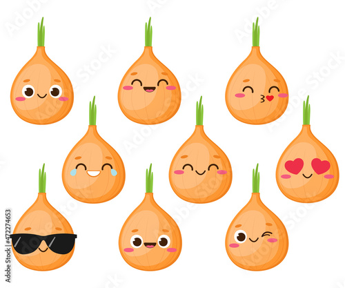 Cartoon cute yellow onion character emoji set