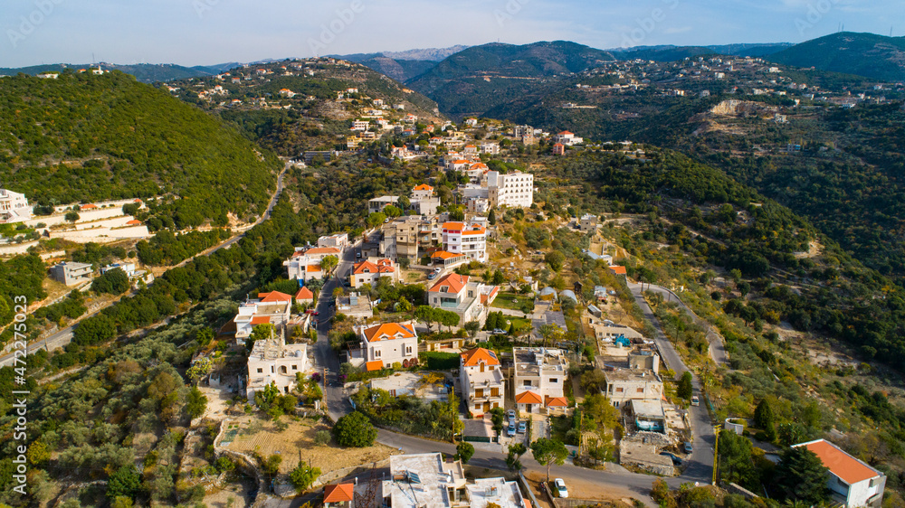 Village view from above. Houses and valley view