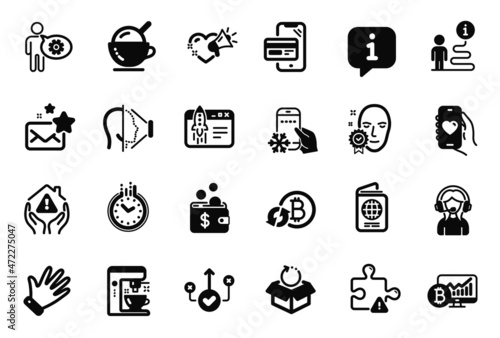 Vector Set of Business icons related to Passport, Face id and Hand icons. Dating app, Correct way and Return package signs. Favorite mail, Online shopping and Cogwheel. Refrigerator app. Vector