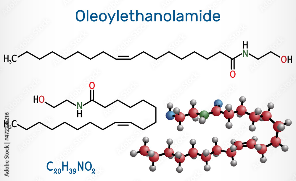 Oleoylethanolamide, oleoyl ethanolamide, OEA molecule. It is ethanolamide of oleic acid, monounsaturated analogue of endocannabinoid anandamide. Structural chemical formula, molecule model Oleoylethanolamide, oleoyl ethanolamide, OEA molecule. It is ethanolamide of oleic acid, monounsaturated analogue of endocannabinoid anandamide. Structural chemical formula, molecule model