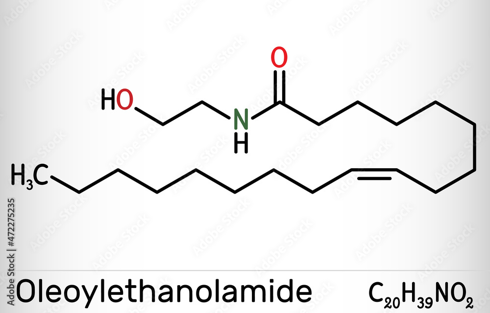 Oleoylethanolamide, oleoyl ethanolamide, OEA molecule. It is ethanolamide of oleic acid, monounsaturated analogue of endocannabinoid anandamide. Skeletal chemical formula Oleoylethanolamide, oleoyl ethanolamide, OEA molecule. It is ethanolamide of oleic acid, monounsaturated analogue of endocannabinoid anandamide. Skeletal chemical formula