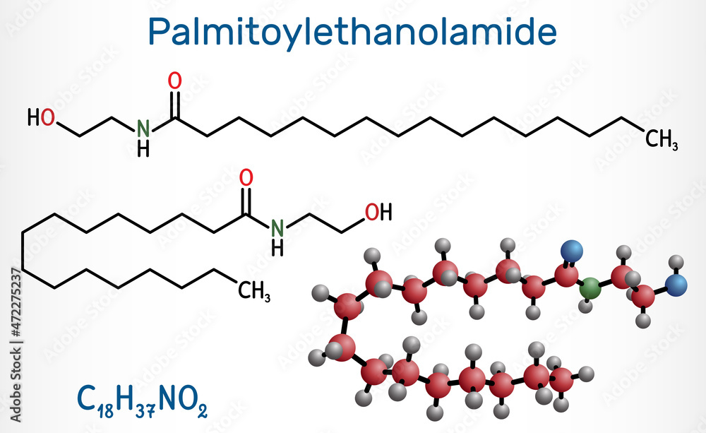 Palmitoylethanolamide, palmitoyl ethanolamide, palmidrol, PEA molecule. It is endogenous fatty acid amide, used as prophylactic of respiratory viral infection. Structural formula, molecule model