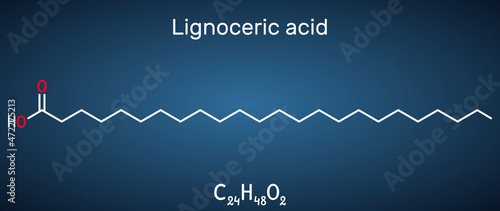 Lignoceric acid, tetracosanoic acid, saturated fatty acid molecule. Occurs naturally in wood tar, in small amount in most natural fats. Structural chemical formula on the dark blue background